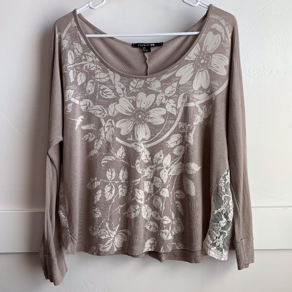 Forever 21 Floral Cream & Brown Quarter Sleeve Shirt With Lace Sides